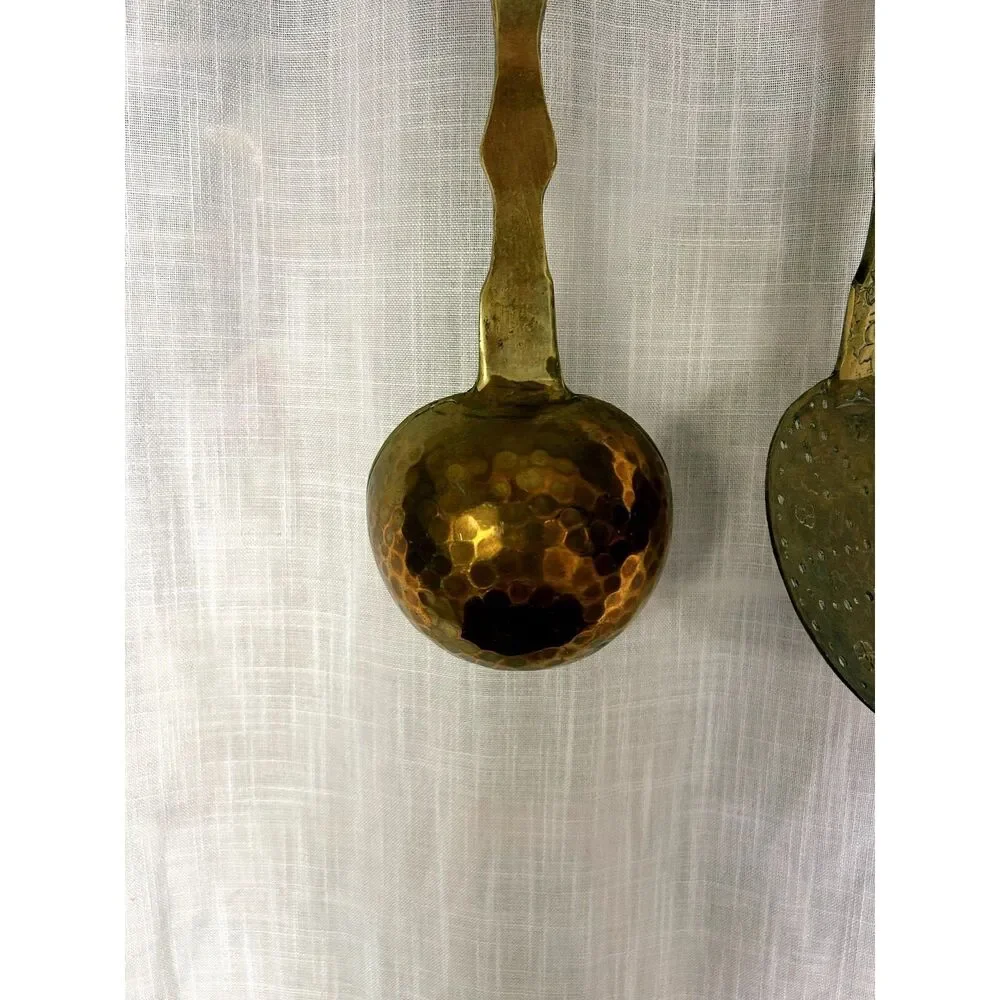 Antique Ornate Brass Ladle and Skimmer Set Embossed Floral Long Handle